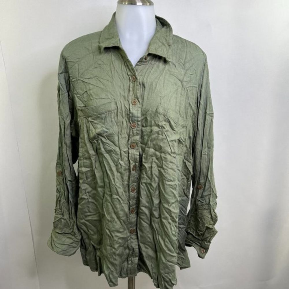 Fashion To Figure Top 2 2X Embroidered Button Front Floral Long Sleeve Utility U